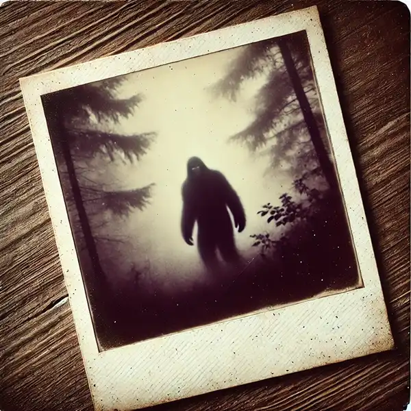 Image of a old polaroid image of Sasquatch with a link to Dr. Matthew J Sharps articles on Skeptical Inquirer,